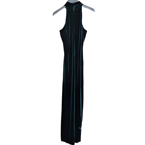 Badgley Mischka Teal Velvet Halter Neck Sleeveless Sheath Gown - Picture 5 of 9
